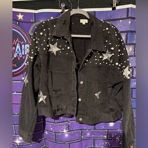 POL Black Pearl-Embellished Star Denim Jacket- Medium
